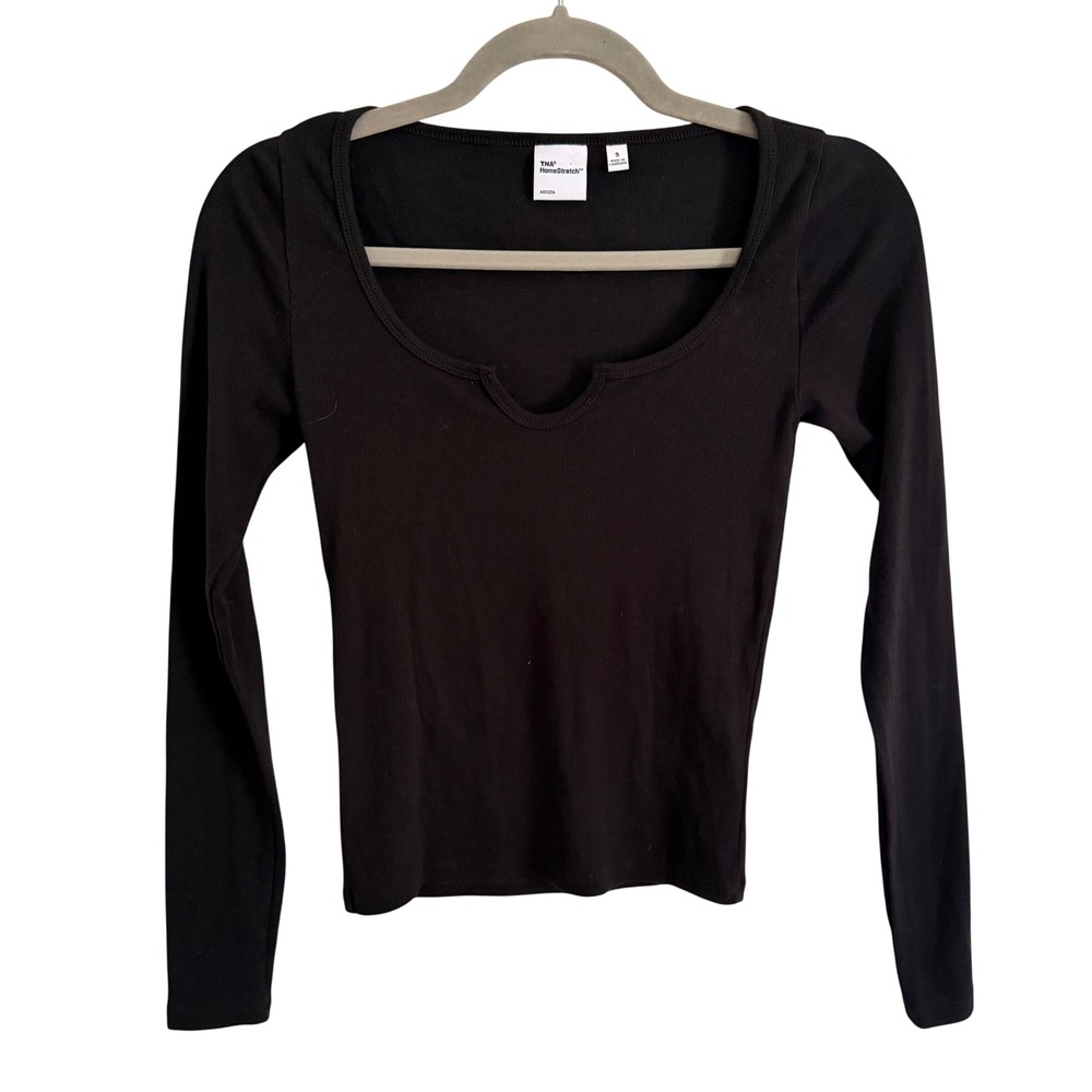 Aritzia TNA HomeStretch Ribbed Long Sleeve Notch Neck Top Black Small